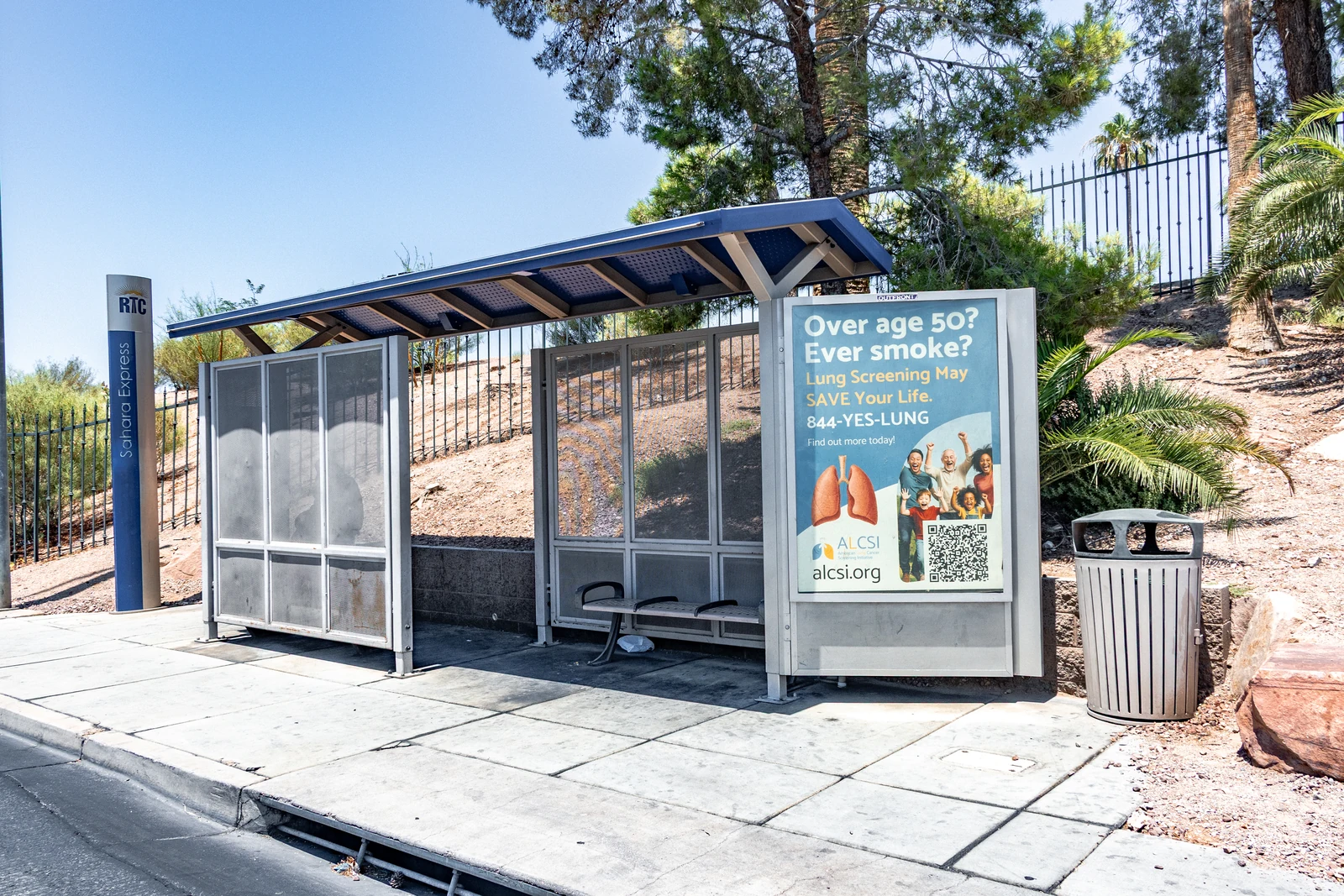 ALCSI lung cancer screening information displayed at a transit shelter