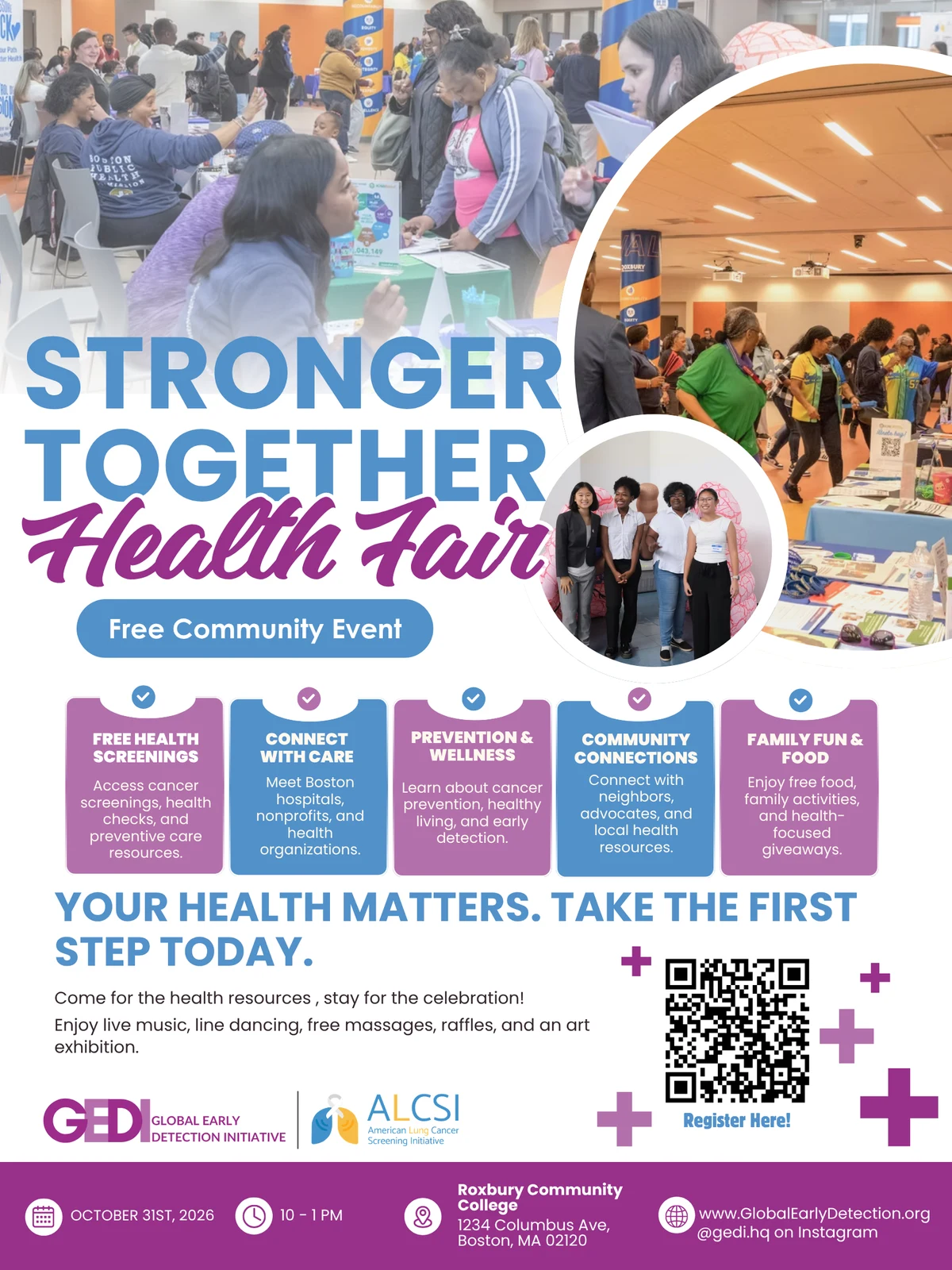 Stronger Together Health Fair flyer: October 31, 2026, 10 AM–1 PM at Roxbury Community College. Event details and registration are provided in text on this page.