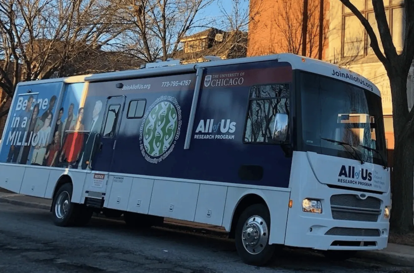 Lung cancer screening outreach van parked outside a community venue