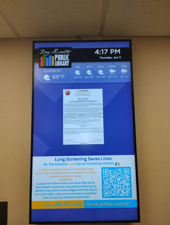 ALCSI screening message on a digital display at Bay Minette Public Library