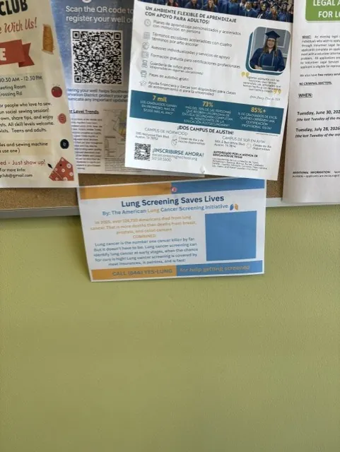 ALCSI lung cancer screening flyer posted on a library board