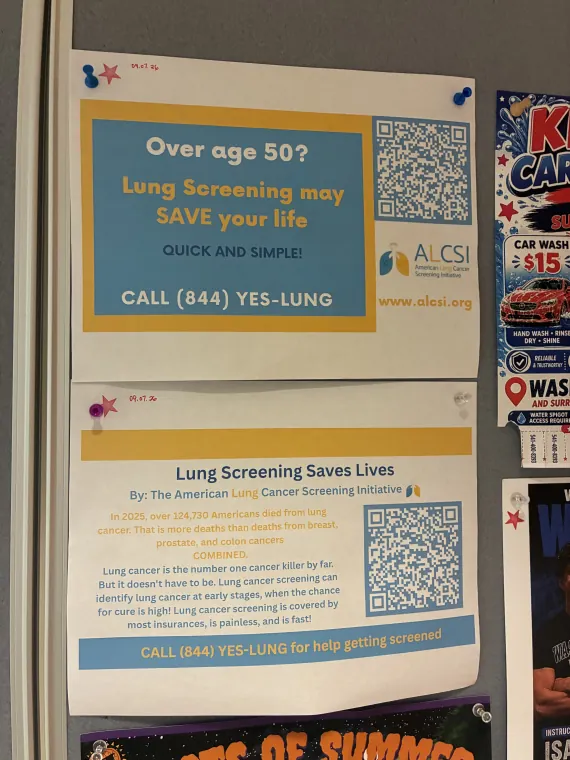 Two ALCSI screening flyers on a library display board
