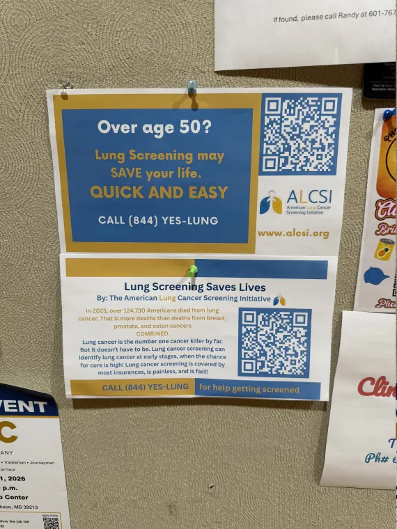 Two ALCSI lung cancer screening flyers displayed together at a library